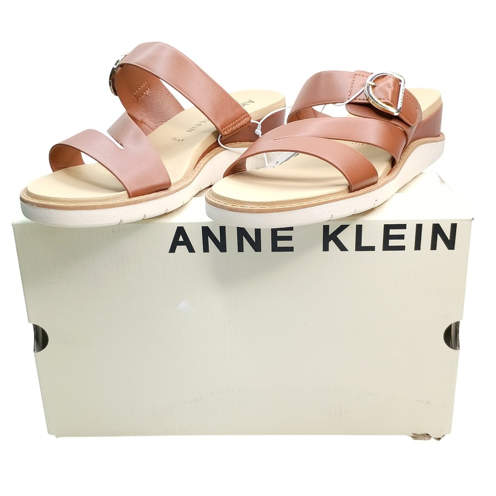 Anne Klein Aklalasa Wedge Sandals Women Size 8.5 Cognac Brown iFlex Buckle Strap